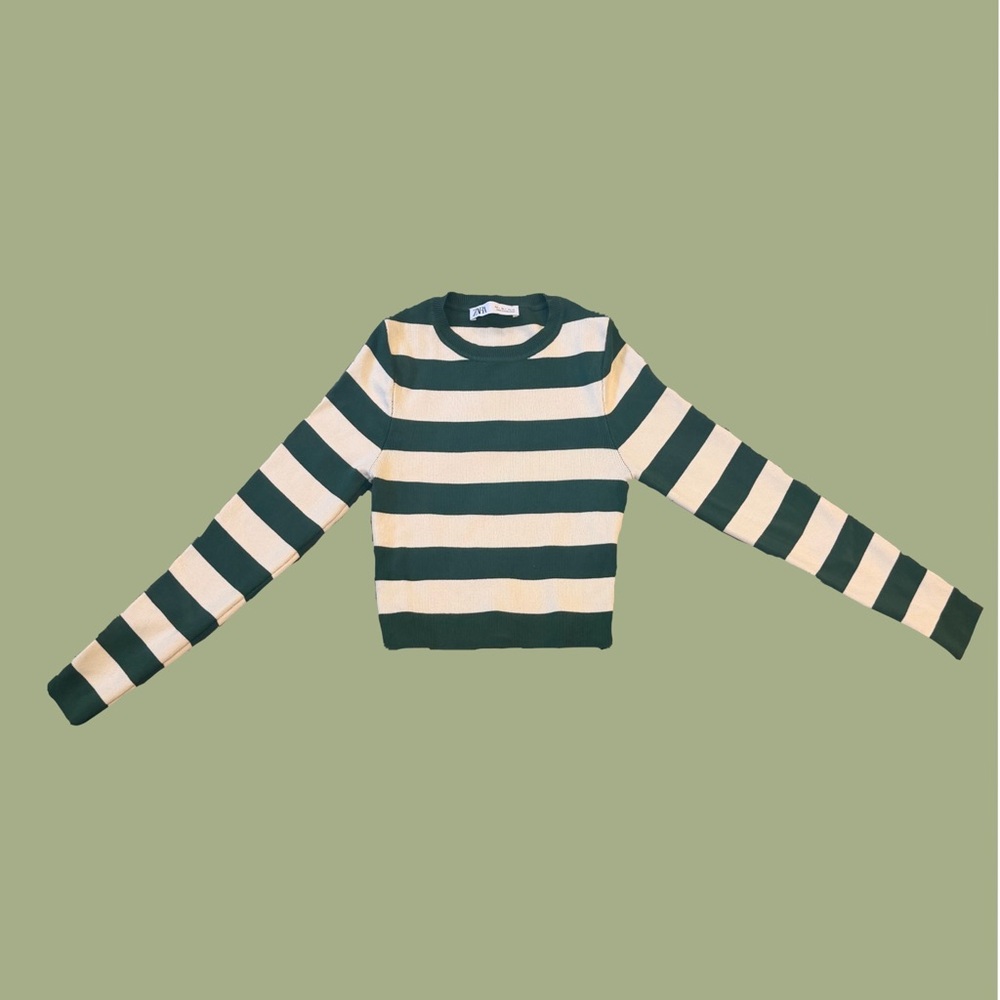 Zara Green and Cream Striped Long Sleeve Crop Top